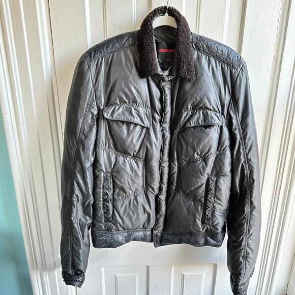 Roberto Cavalli Embossed Leather Trim Down Bomber Puffer Coat - Picture 2 of 12